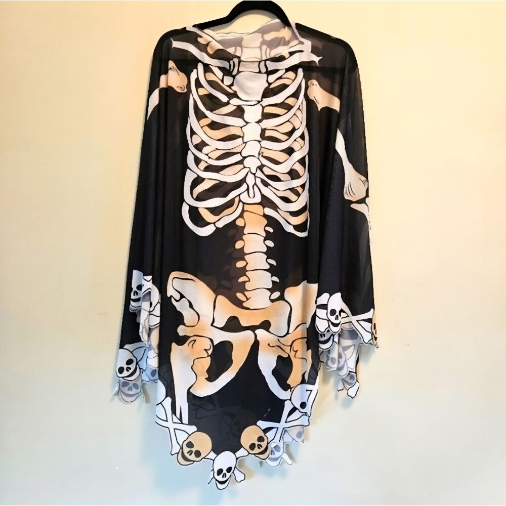 Sheer Halloween Skeleton Print Black White Cape Poncho Women One Size Fits Most